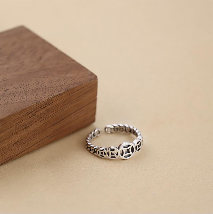 Кольцо открытое из стерлингового серебра 925 пробы, ретро, в виде медной монеты - в японском/корейском стиле, пять благословений, оксидированное покрытие