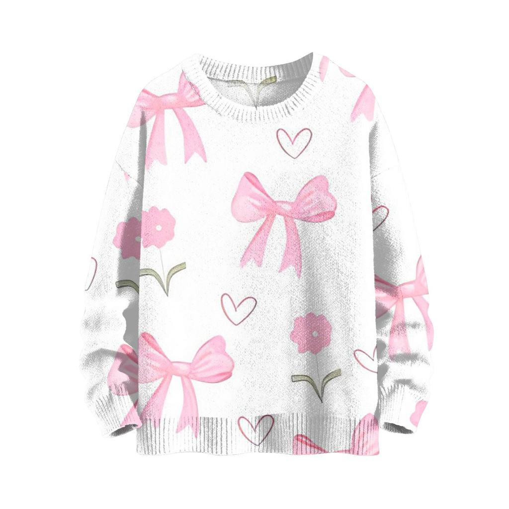 Женская мода повседневный длинный рукав бант принт милый ворот шерстяной трикотажный пуловер топ