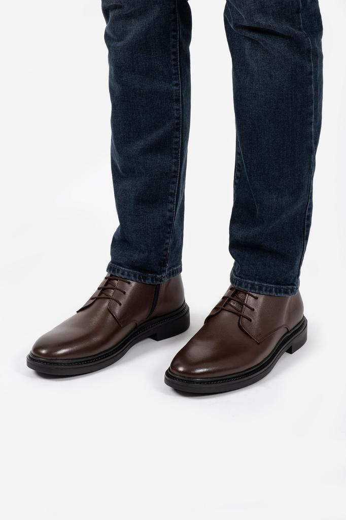 Men's Fashion Genuine Leather Thin Heeled Booties Black Lace-up Zippered Boots Shoes