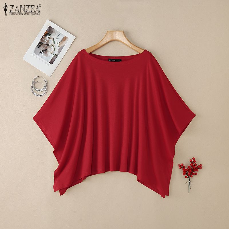 ZANZEA Женская повседневная блузка с круглым вырезом, рукавами «летучая мышь», свободного кроя