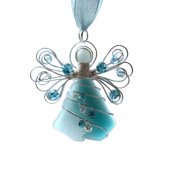 Ангел из морского стекла ручной работы, прибрежное рождественское украшение, искусство из морского стекла, памятный сувенир, ангел, обернутый проволокой, украшение для рождественской елки, для праздничного домашнего декора