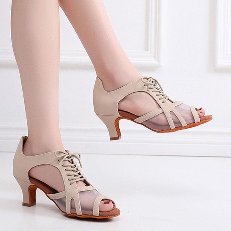 Женская и женская танцевальная обувь для бальных танцев, современная латиноамериканская сальса, танго, сетчатая замшевая обувь на шнуровке для танцев