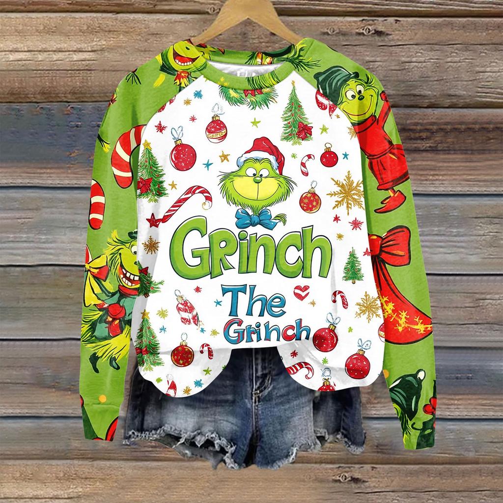 Women's Fashion Casual Long Sleeve Christmas Print Raglan Round Neck Sweatshirt Top