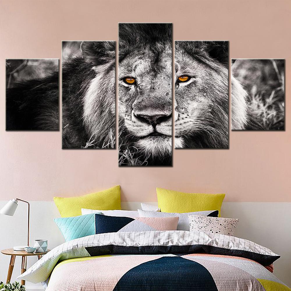 Black and White Lion with Orange Eyes Wall Art Canvas Set Printed Paintings on Canvas Modular Living Room Decoration Home Decor