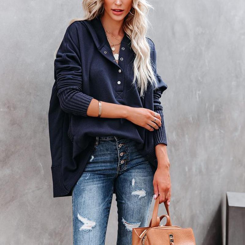 Женская толстовка, модный топ с v-образным вырезом и капюшоном, рукавами «летучая мышь», повседневный свободный пуловер с резьбой