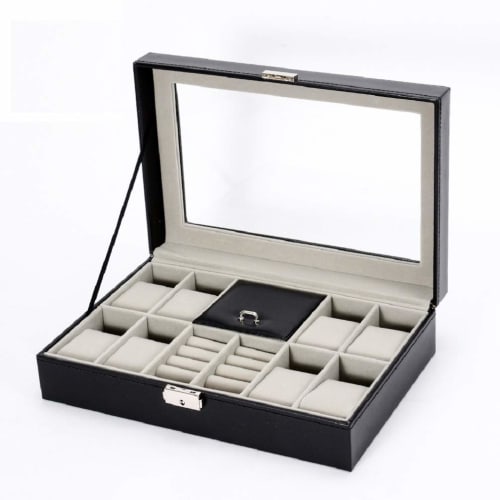 Anberotta Jewelry Watch Case Box, Holds 8 Watches, Accessories, Rings, Jewelry Storage Box with Glass, Collection AT12 (Black)