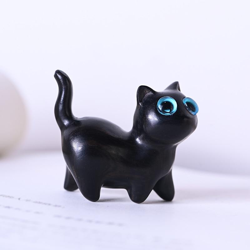Kawaii Cat Miniature Figurines Handmade Sandalwood Carving Kitty Sculpture Desk Ornaments Fairy Garden Room Decor Birthday Gift