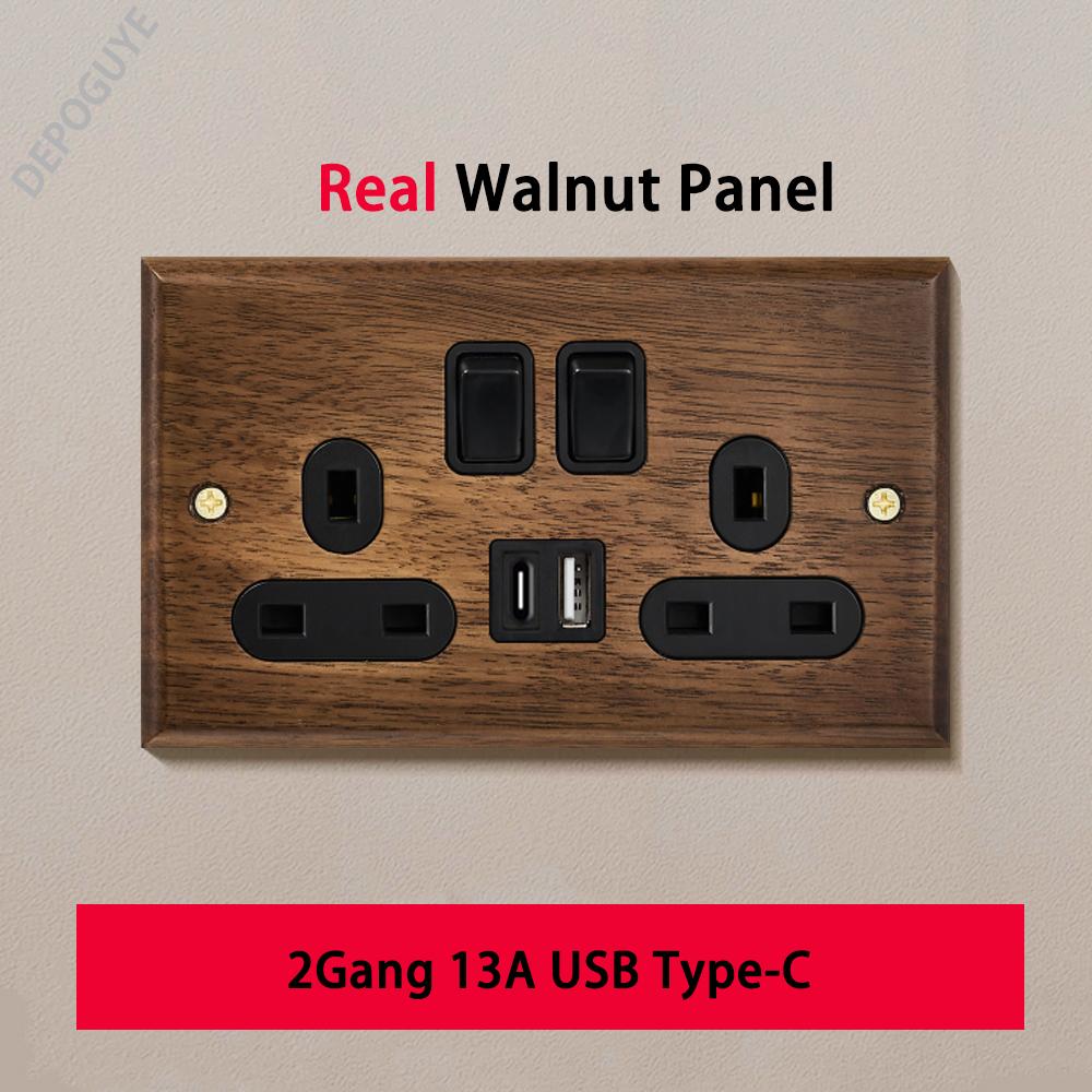 Черная ретро-панель тумблера на стену из грецкого ореха 1-4 клавиши 2-сторонняя из массива дерева двойная универсальная электрическая розетка EU/FR с USB-C