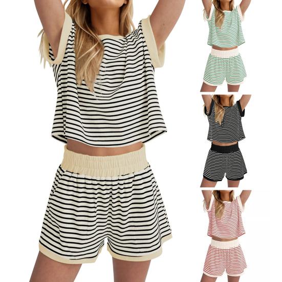Женский комплект из 2 предметов для отдыха, полосатая рубашка с коротким рукавом и шорты, летний повседневный ребристый спортивный костюм, подходящий комплект