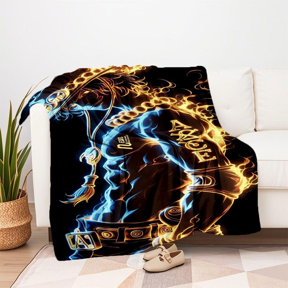 "Neon Anime Adventure: Luffy's Fire Emblem T-Shirt"Blanket Flannel Throw Blanket for Sofa, Bed, Travel, Camping, Office, Couch, Chair, And B