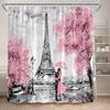 Vintage Paris Tower Shower Curtains Pink Floral Tree Romantic Lovers Park Scenery Ink Art Bathroom Decor Bath Curtain With Hooks