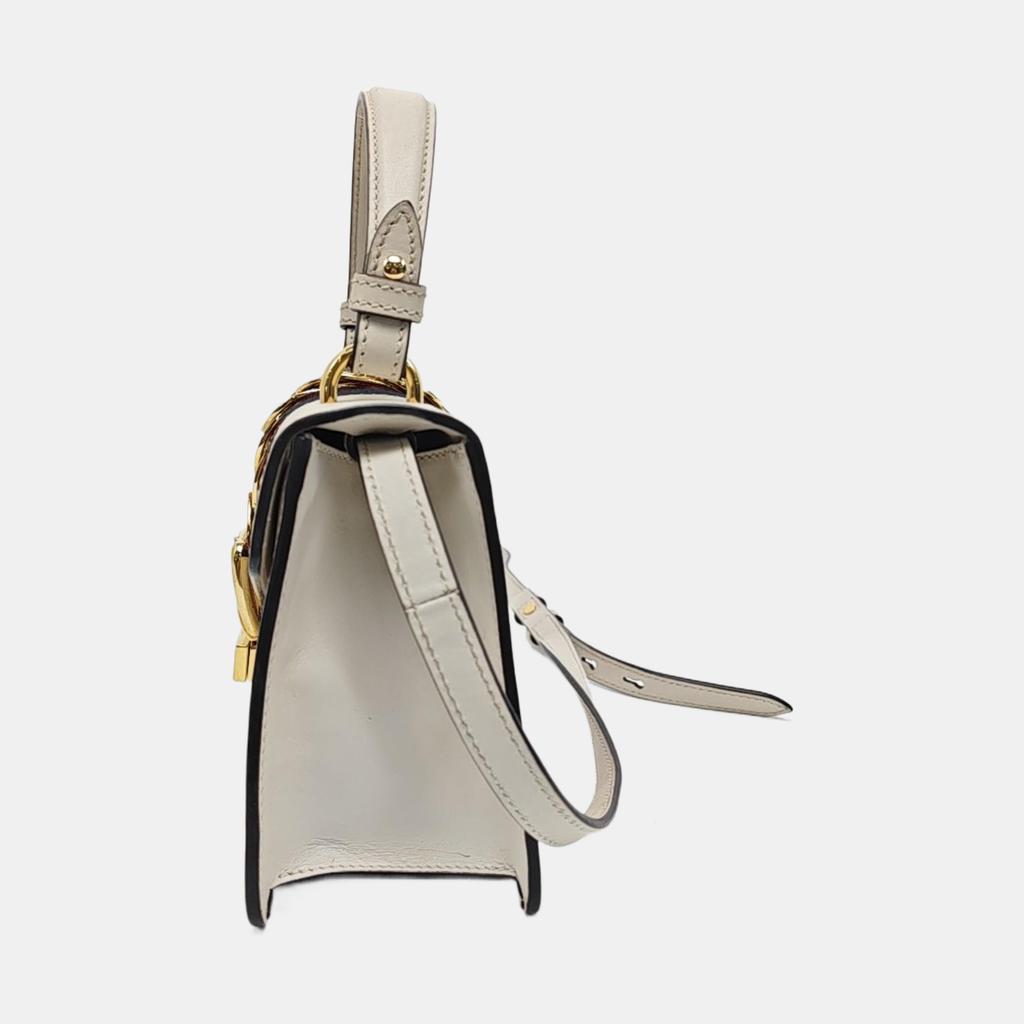[Pre-Owned] Sylvie Gold Buckle Striped Web Leather Mini Tote Shoulder Crossbody Bag - Fair #1DUN1DC