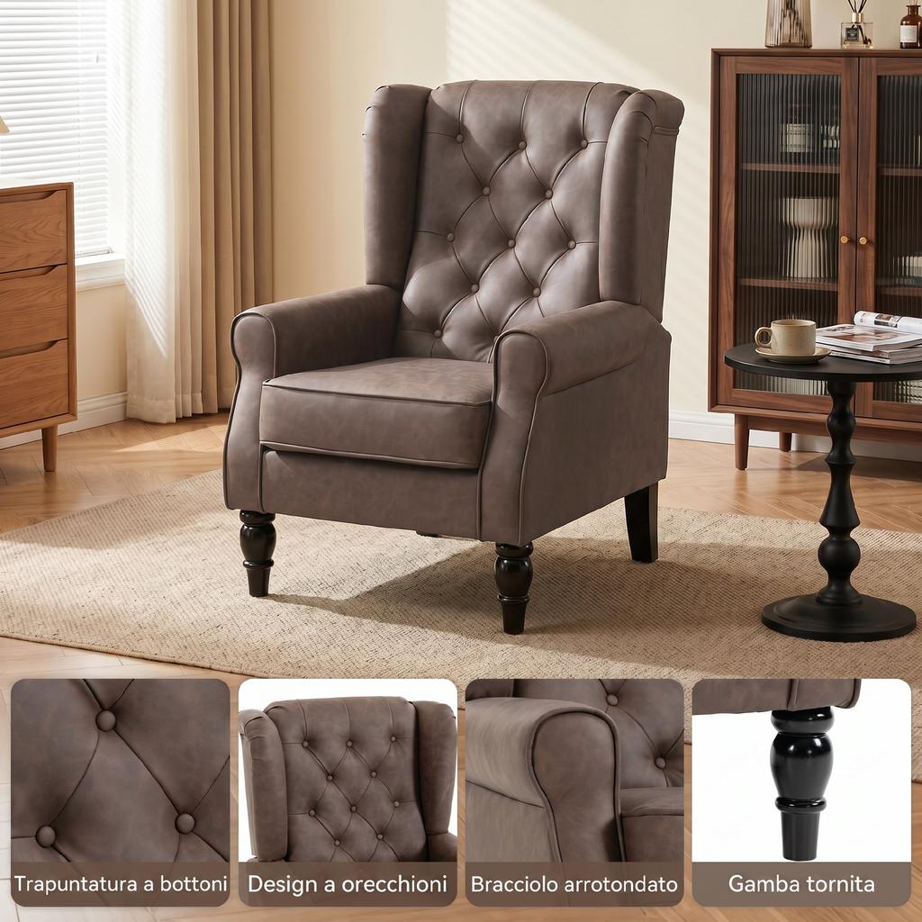 PU Leather Bedroom Armchair With Wide Seat Armrests And Eucalyptus Wood Legs Brown