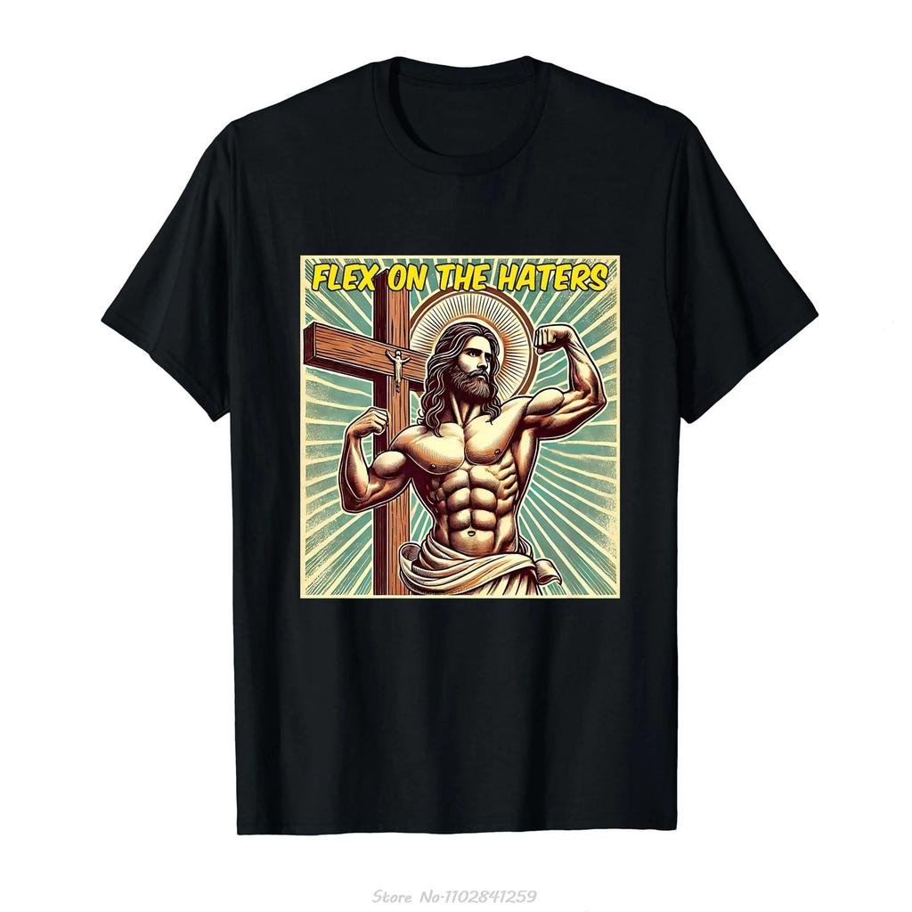 Flex On The Haters Jesus Muscle Christian Gym Weight Lift T-shirt Funny Prevailing Tshirt O-neck Summer Men T Shirt Men Clothing