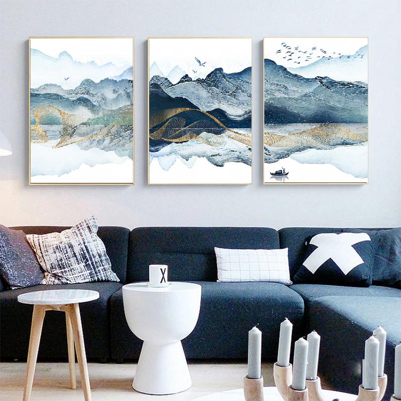 Abstract Mountain Art Lake Bird Watercolor Blue Gold Canvas Painting Wall Art Picture Print Living Room Home Decoration Interior