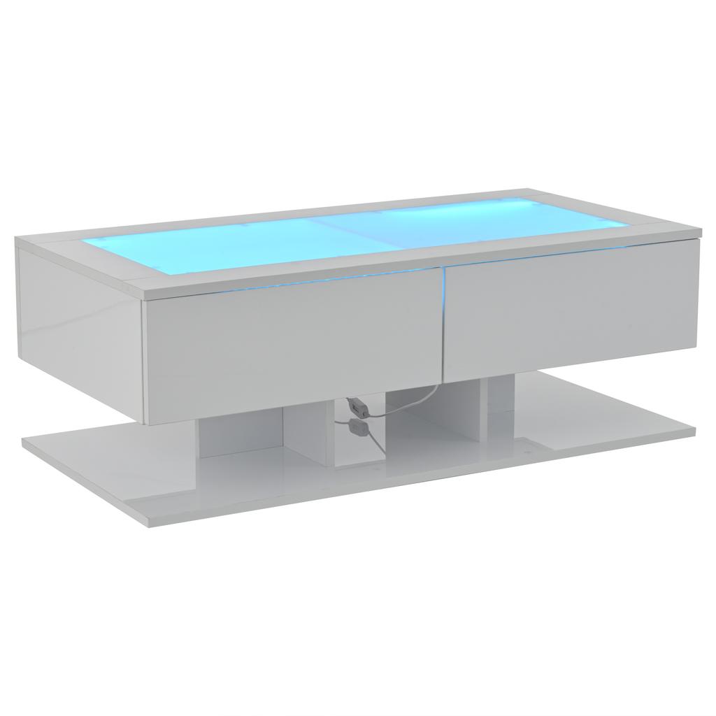 100*50*35cm Coffee Table, High Gloss Sofa Table, Living Room Table with Drawers, Coffee Table with LED Light, Glass Top, White
