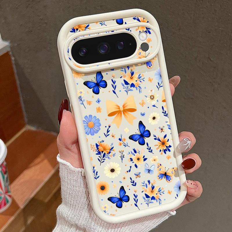 Blue Butterfly Floral Pattern Case For Google Pixel 10 Pro XL Shockproof Bumper Silicone Cover For Pixel 9A 9 8 7 Pro 8A 7A