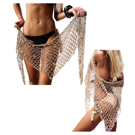 Летняя пляжная шаль, украшенная пайетками и ракушками, ажурная сетчатая шаль для бикини, пуловер, накидка, пляжная одежда, пляжная накидка