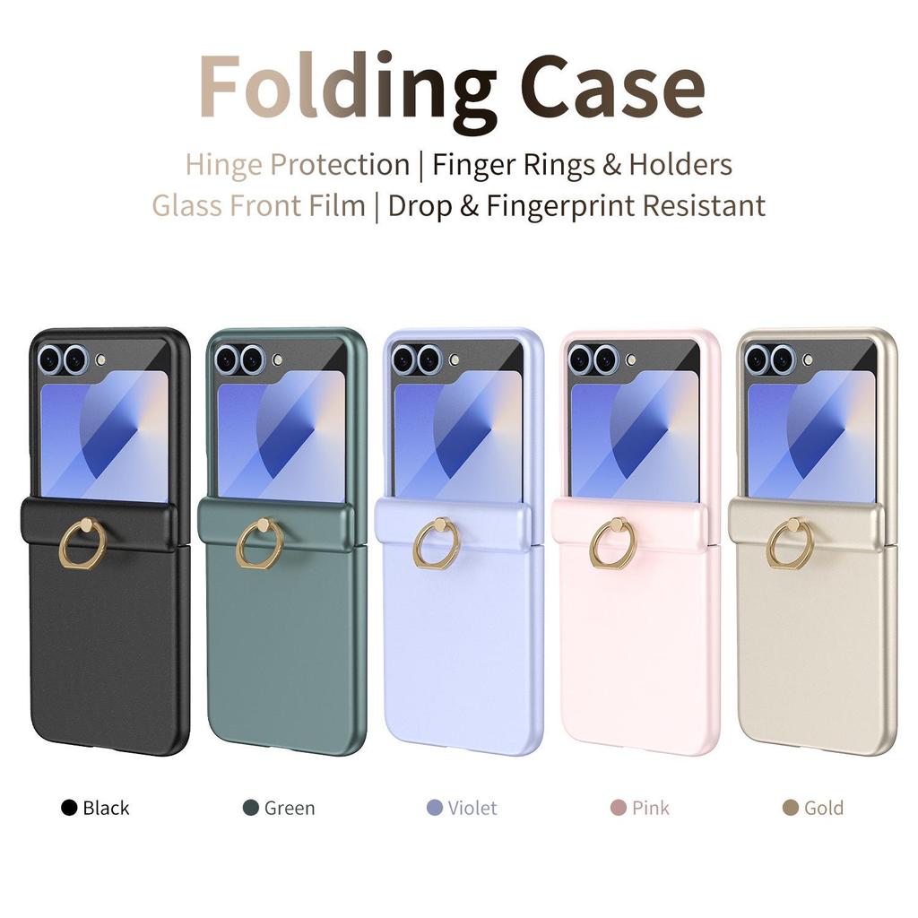 Противоударный чехол для телефона Samsung Z Flip7/6/5 с кольцом-подставкой на 4/3 пальца и пленкой с полным покрытием