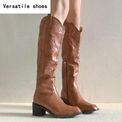 Винтажные женские сапоги до колен с V-образным вырезом, модные туфли с боковыми молниями, осень-зима, толстый каблук, женские длинные сапоги в стиле рыцаря