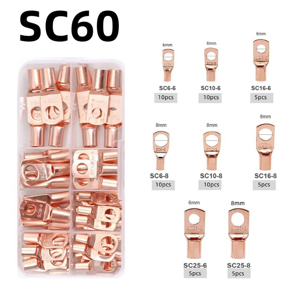 60Pcs SC Type Wire Nose Terminal Crimp SC16-6 SC25-6 SC35-6 Tinned Copper Cable Connector Kit 6mm 8mm 10mm 16-35mm2 Lugs Ring