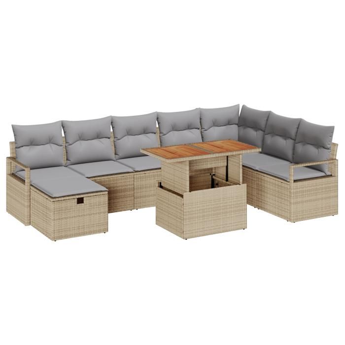 9-piece Garden Sofa Set with Beige Poly Rattan Cushions, 2-seater Garden Sofa with Poly Cushions 3360011