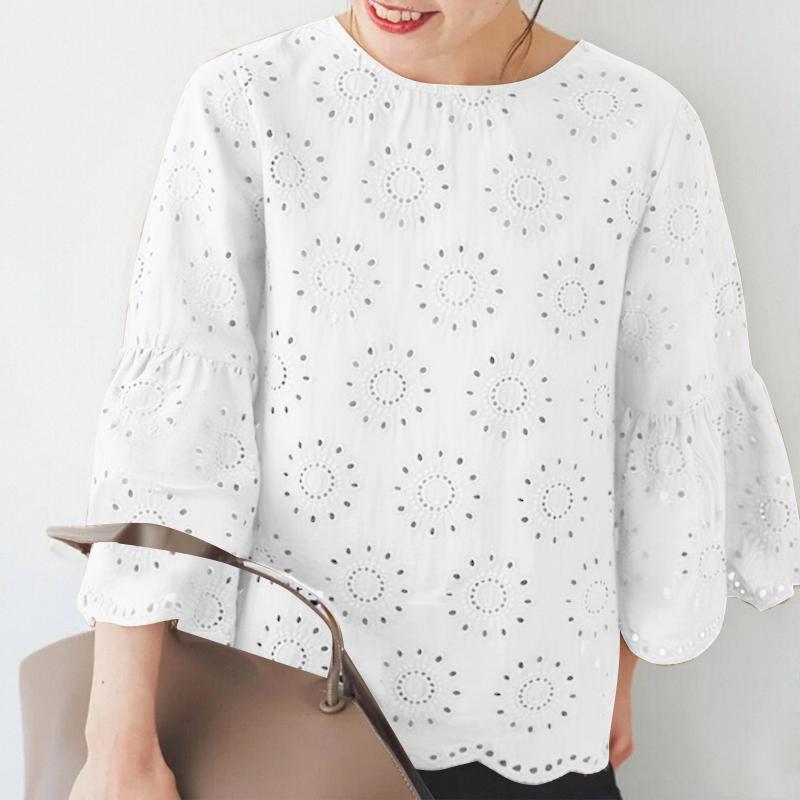ZANZEA Женская повседневная блузка с круглым вырезом и рукавом 3/4, свободная кружевная блузка в стиле пэчворк