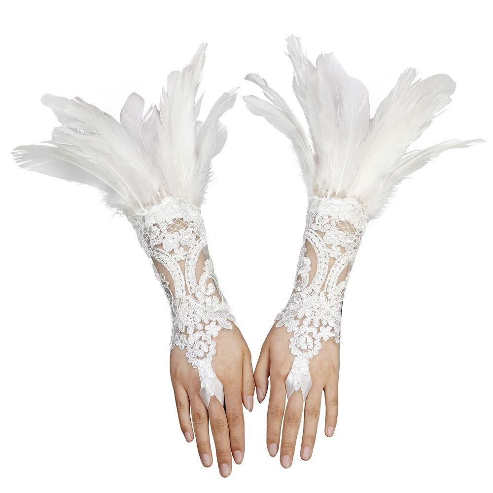 1PC Embroidery Feather Long Gloves White Black Female Mittens Wedding Gloves Party Wear
