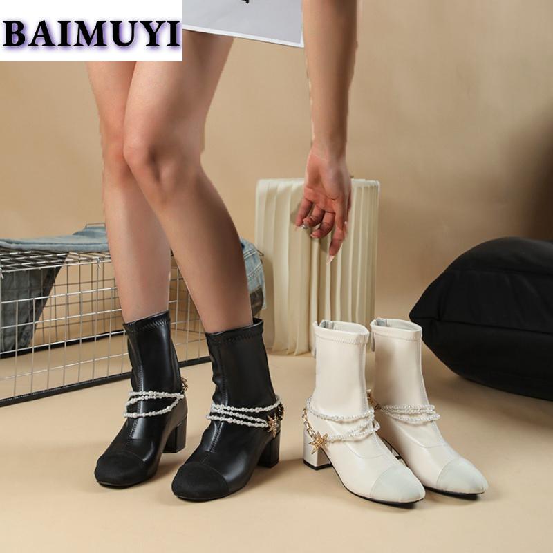 Элегантные женские ботильоны на высоком каблуке с бусинами, массивные туфли для вечеринок, 2025, трендовые зимние короткие плюшевые зимние туфли-лодочки Botas Mujer