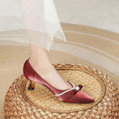 Новые остроносые туфли-стилеты Xiuhe красные свадебные туфли жемчужный бант одинарные туфли женский средний каблук