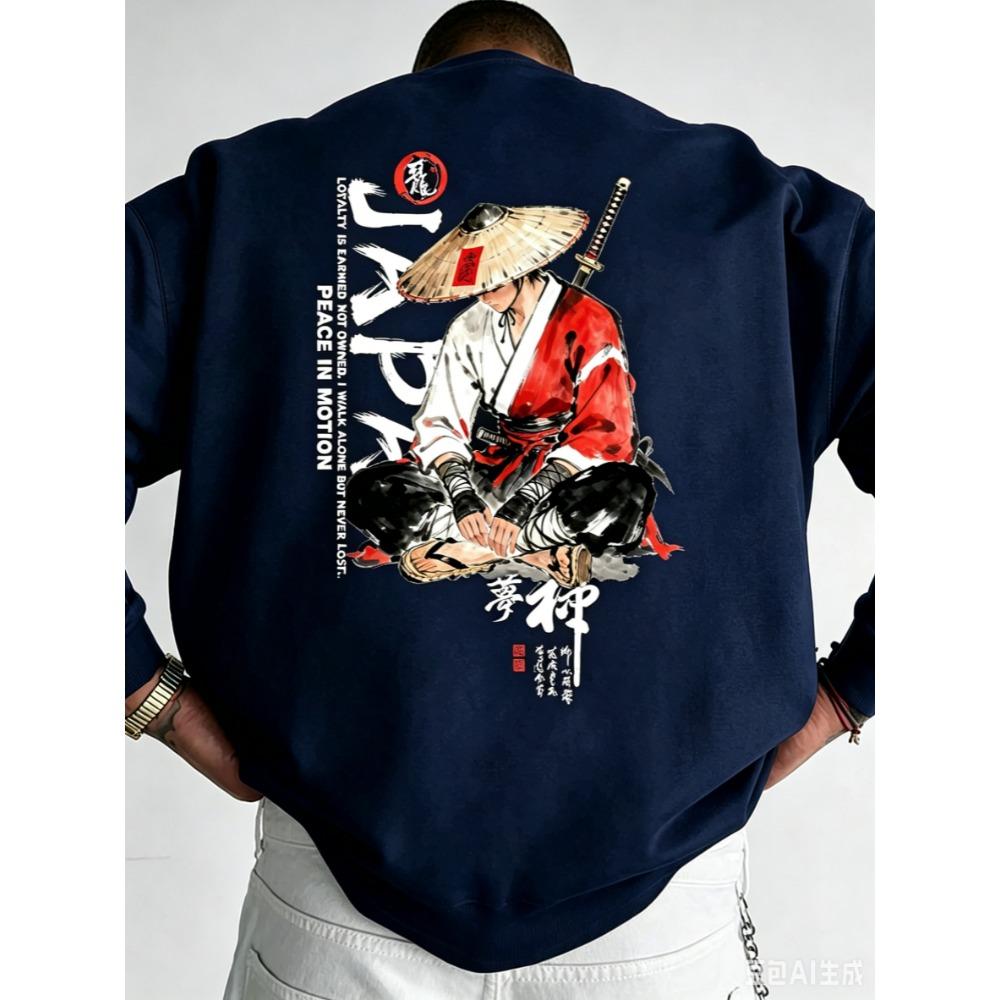 Men's Cotton Loose-fitting T-shirt with Japanese Samurai Print Street Style Casual Daily Wear Top