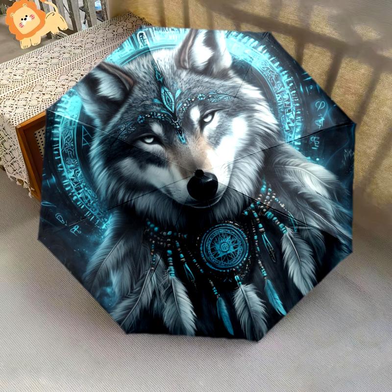 1 шт. Автоматический складной зонт - Красивый узор с волком, Портативный и складной дизайн с 8 спицами, Рождественские и новогодние подарки