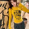 2KWEIRD Tight Yellow Long Sleeve T-shirt For Women Graffiti Print Vintage Street Clothing Slim Undershirt Versatile Top Y2k