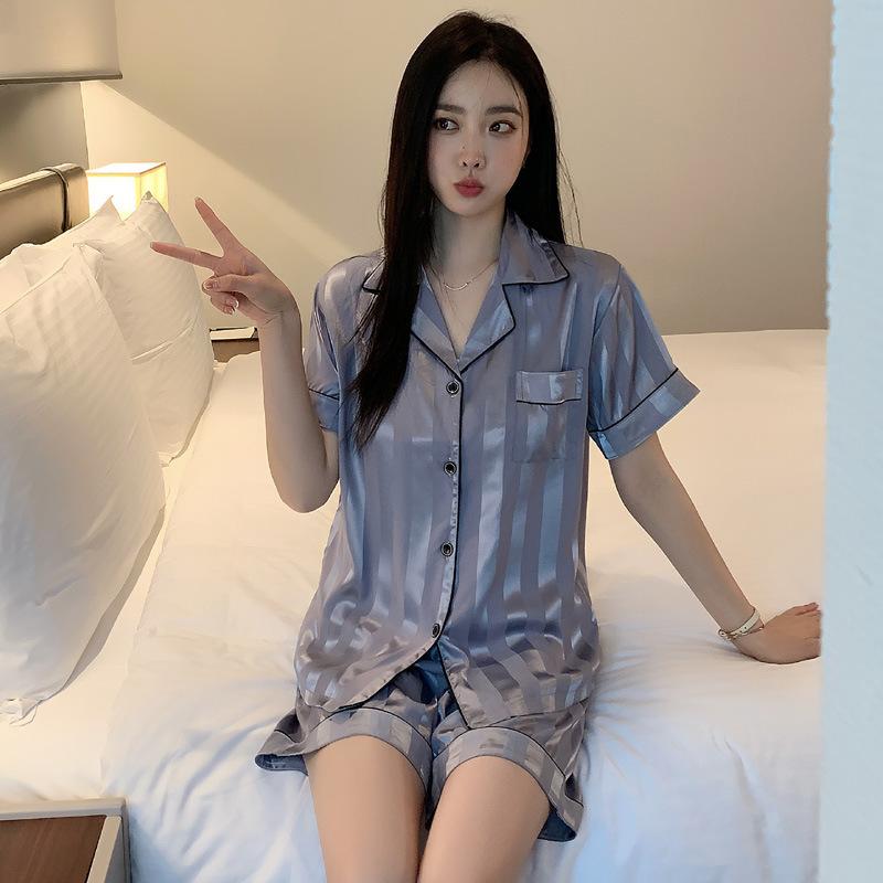 Spring and Summer Striped Simulation Silk Ice Silk Pajamas Women's Korean Jacquard Home Service Two-piece Suit