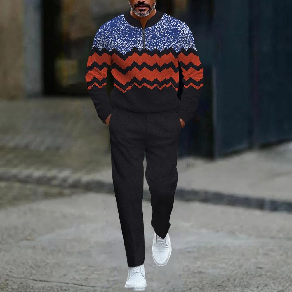 Весенне-осенние модные мужские комплекты с 3D-принтом, мужская повседневная спортивная одежда из двух предметов с воротником-стойкой на молнии