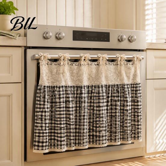 Decorative Fabric Oven Handle Wrap Farmhouse Stove Skirt, Plaid Crochet Lace Curtain, Easy Install Strap Shade Skirt Curtain with Ties for Cottage