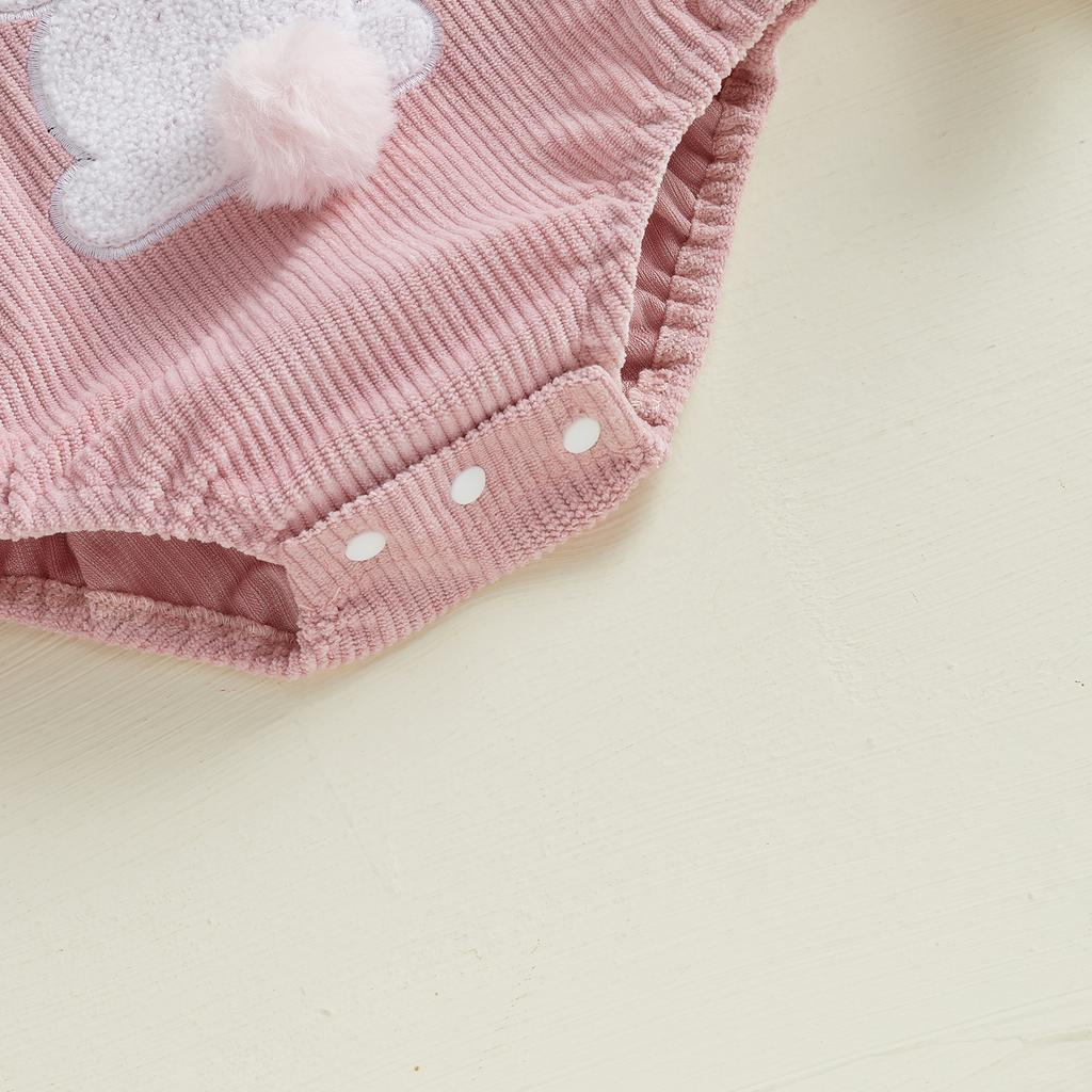 Baby Girl Easter Casual Romper Flying Sleeve Bunny Embroidery Romper with Headband