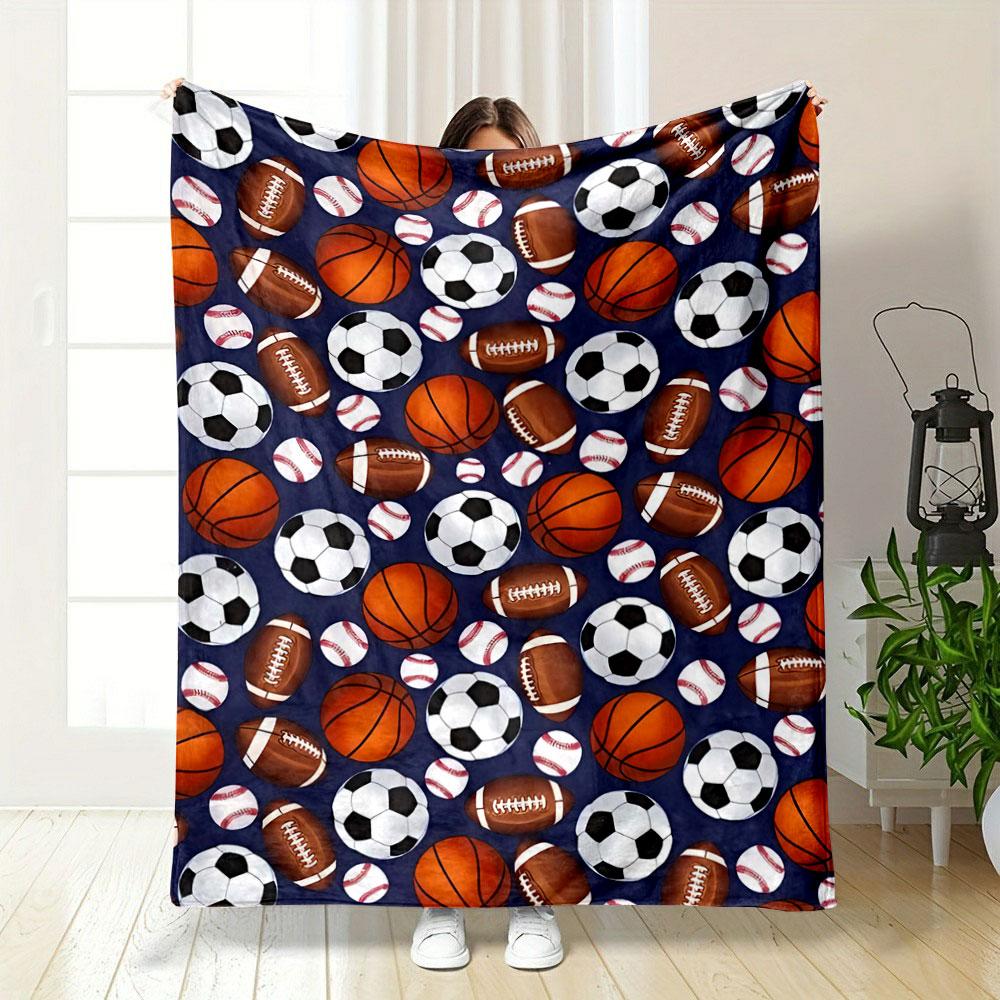 The pattern features various sports balls. for all seasons blanket lunch break throw gift