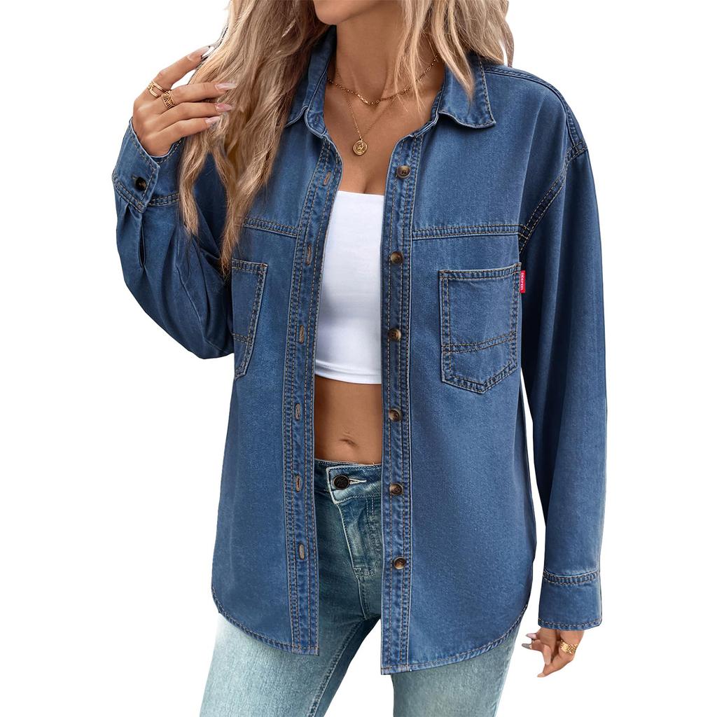 Women's Fashion Washed Vintage Denim Pocket Long Sleeve Shirt Tops Women