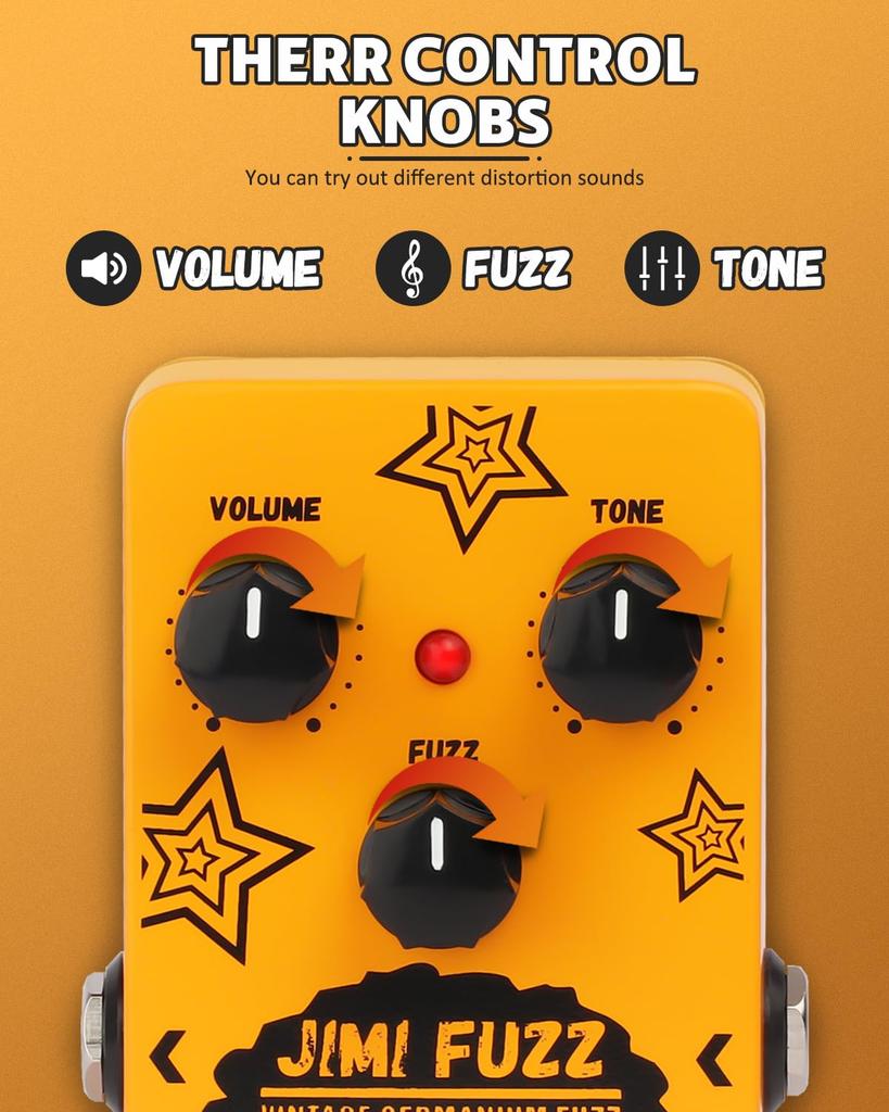 STRICH Jimi Fuzz Guitar Compact Electric Guitar Mini Classic and Gain True Bypass for Electric Orange Pedal, Fuzz, Sound, Volume, Tone, Controls,
