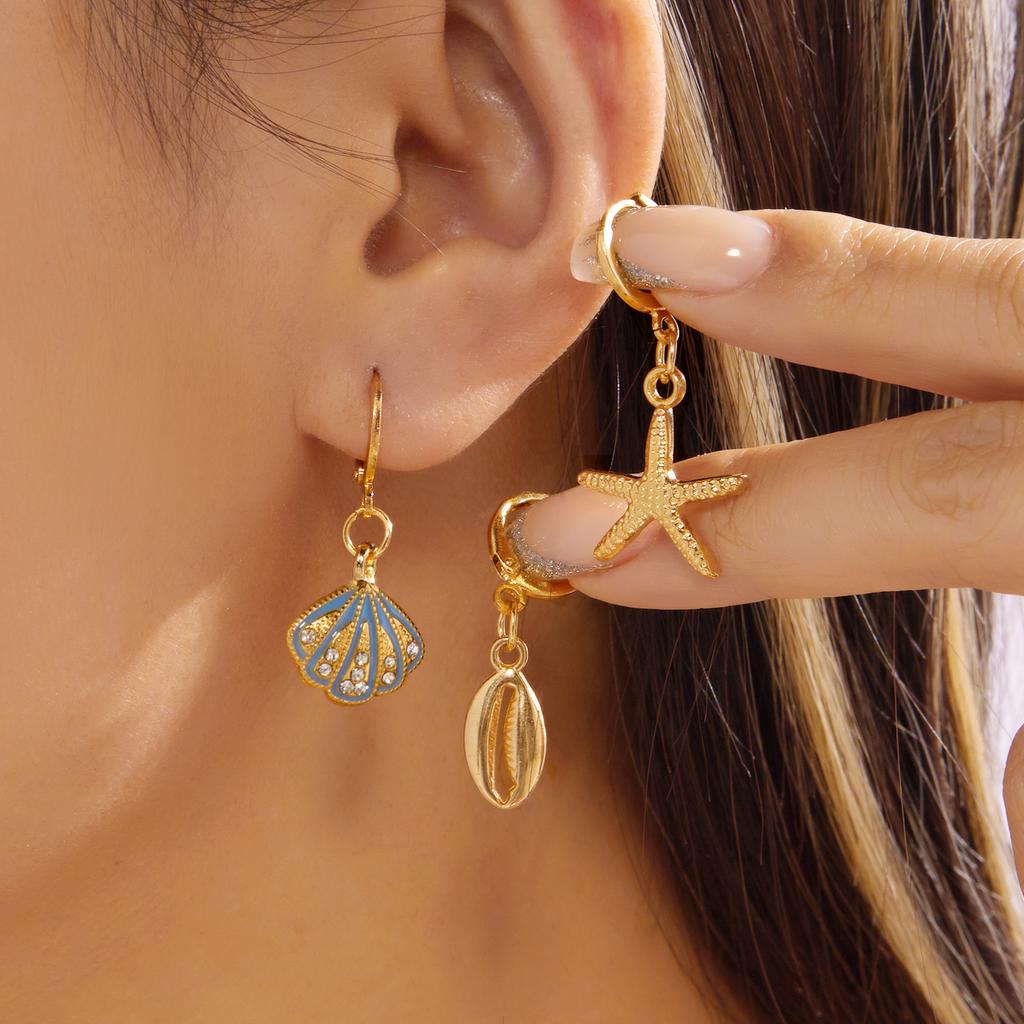 6Pcs Ocean Metal Starfish Shell Earrings Set for Women Simple Imitation Pearl Scallop Geometric Earrings Party Versatile Jewelry