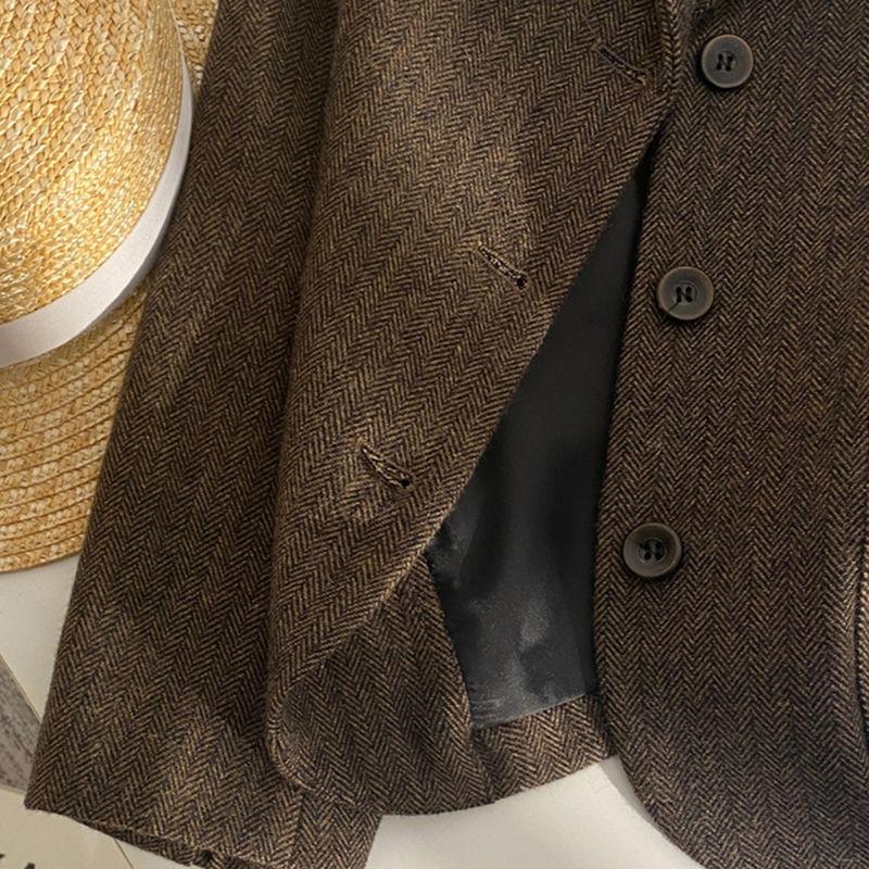 Повседневный шерстяной пиджак кофейного цвета в клетку с ретро-дизайном для женщин