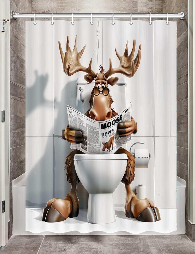 Funny Moose Shower Curtain, Cool Moose Fabric Shower Curtains Set for Men Kids Boys Bathroom Decorative, Unique Cute Restroom