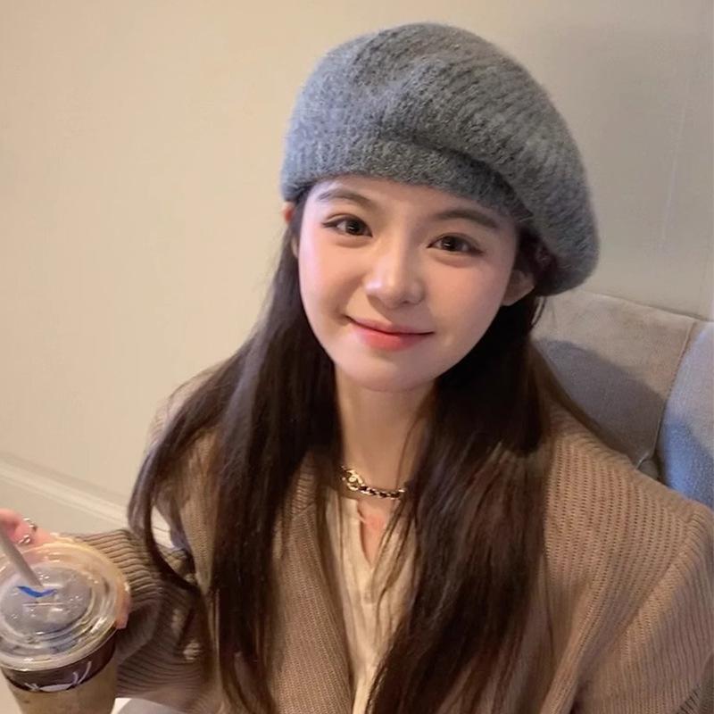 Женская Мода Зимний Берет Однотонный Вязаный Эластичный Теплый Берет Шапка Бини Корейская Девушка Художник Художник Защита от Холода Тыквенные Шапки