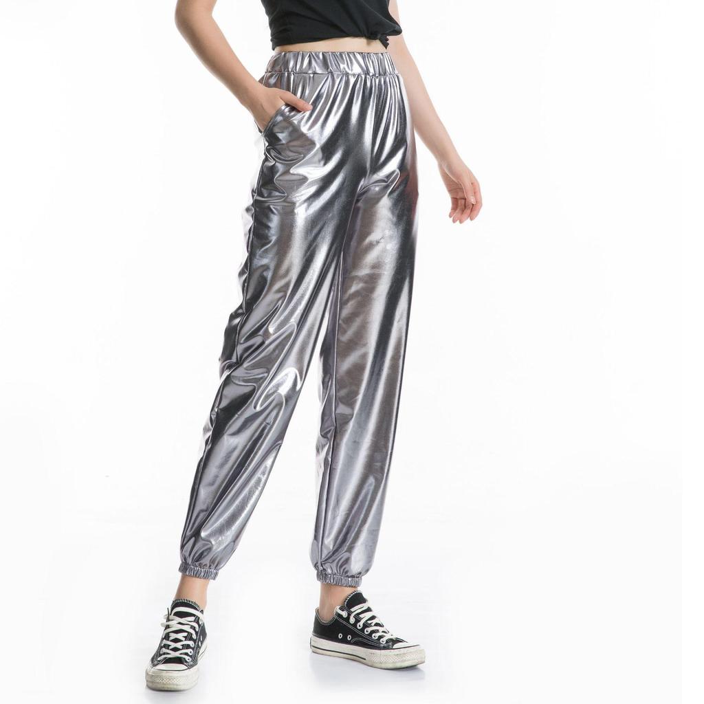 Womens Metallic Shiny Jogger Pants Casual High Waisted Harem Pant Holographic Color Hip Hop Trousers Streetwear
