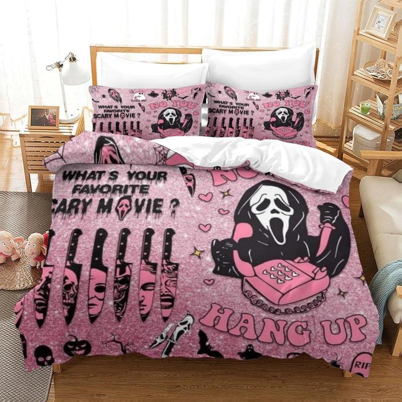 Halloween Bedding Set 3PCS Pink Cartoon Skeleton Comfortable Cover 'No You Hang Up' Funny Horror Ghost Design