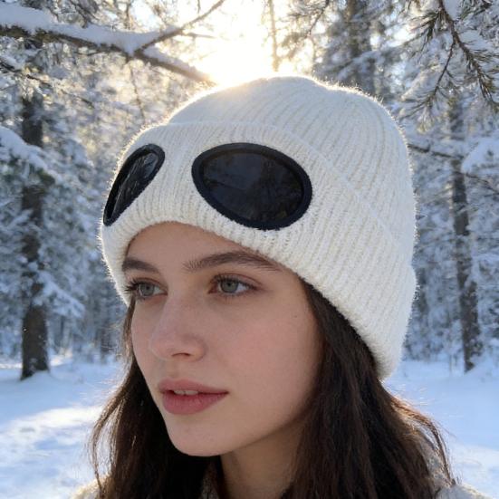 Вязаная шапка однотонная теплая вязаная шапка с декором в виде очков эластичная ветрозащитная зимняя шапка для улицы путешествий езды на велосипеде повседневная носка
