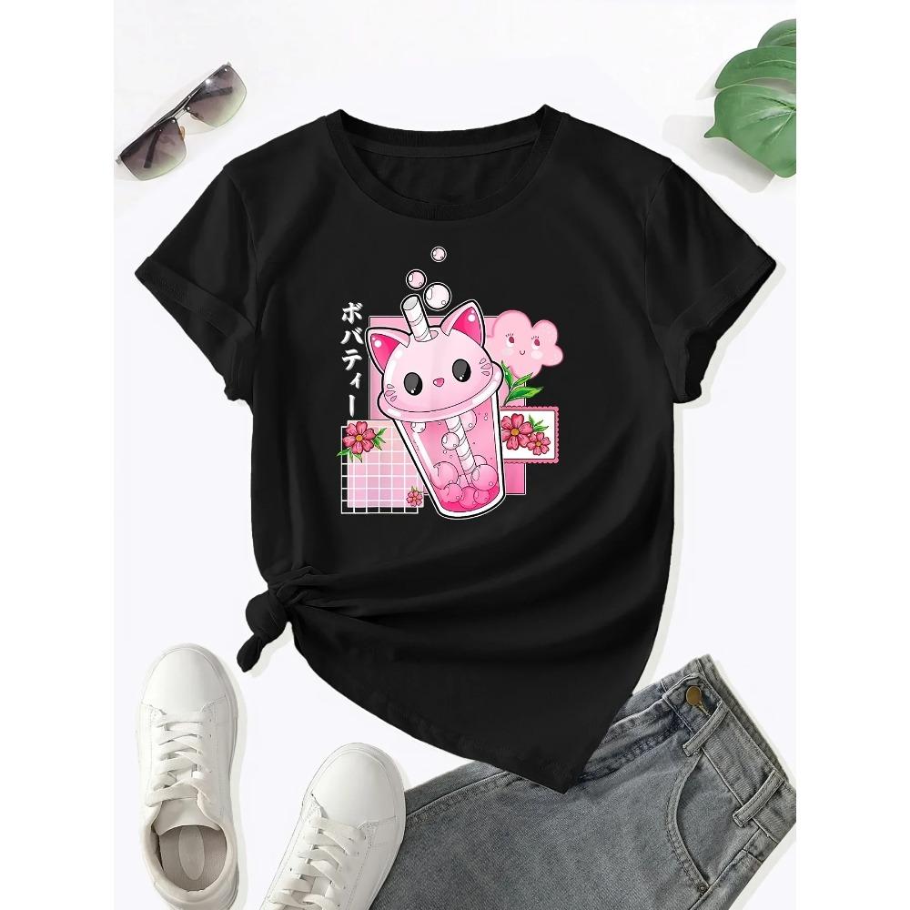 Boba Tea Cat Bubble Print Tshirt Cute Round Neck Short Sleeve Tshirt Spring and Summer Womens Clothing Vintage Graphic Y2K