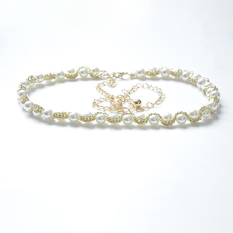 New women's pearl waist chain - fashionable and sweet pearl-embellished slim belt