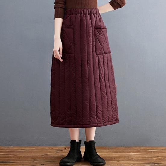 Женская пуховая юбка Эластичная высокая талия Дизайн с большим подолом Юбка миди с карманами Однотонная юбка А-силуэта Ветрозащитная юбка
